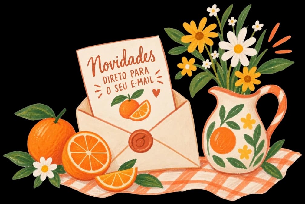 Ilustração da Casa Clementina com envelope de novidades, laranjas e um jarro de flores sobre toalha xadrez